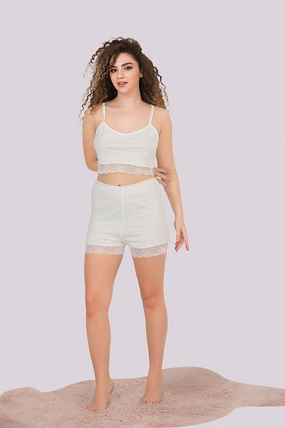 MyBen Women's Ecru Colored Lace Detailed Pajama Set with Strappy Shorts 314