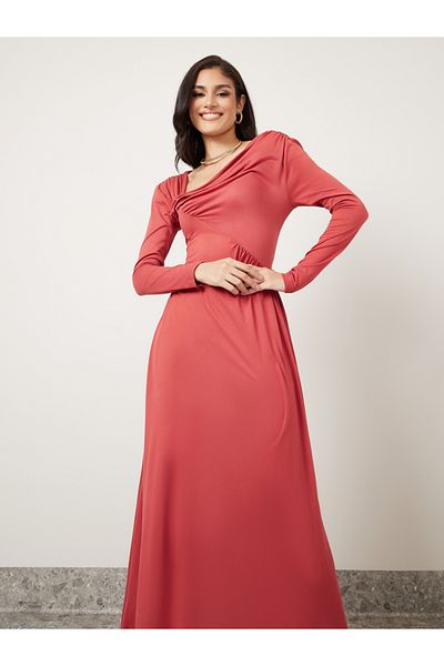 Styli Asymmetric Neck Ruched A-Line Maxi Dress