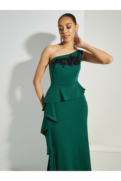 Styli Embellished One Shoulder Neck Maxi Dress with Ruffles