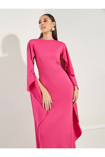 Styli Plain Long Drape Slit Sleeves Mermaid Maxi Dress