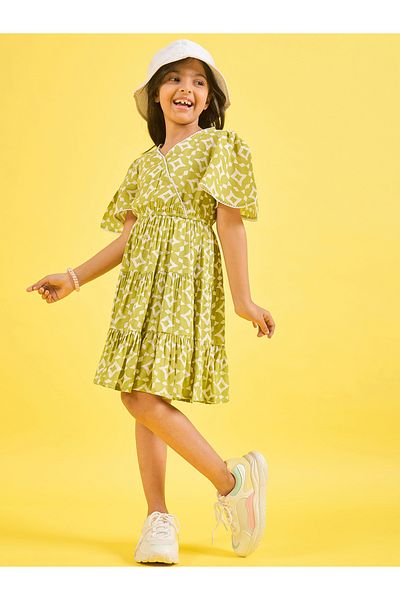 Stylo Bug By Styli Geometric Print V Neck Tiered Dress