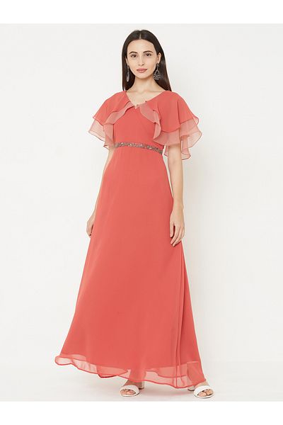 Mish By Styli Solid Georgette A-Line Maxi Dress with Cape Sleeve