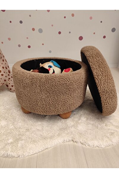 pufftable Ahşap top ayaklı çocuk pufu, oyuncak sepeti,  teddy kumaş 42 cm cev...