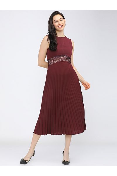 Tokyo Talkies By Styli Lace Detail Pleated A-Line Midi Dress