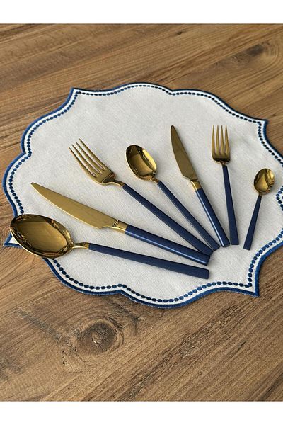 Meri Ev Gereçleri BLUE GOLD 42 PIECES 6 PERSON FORK KNIFE SPOON SET