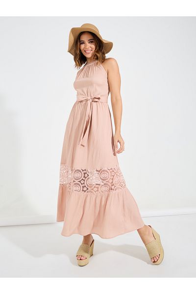Styli Floral Lacer Cut Maxi Dress with Tie Belt