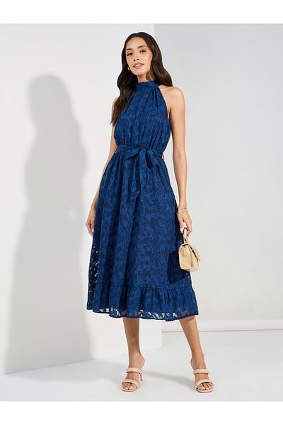 Styli Halter Neck Burnout Textured Midi Dress