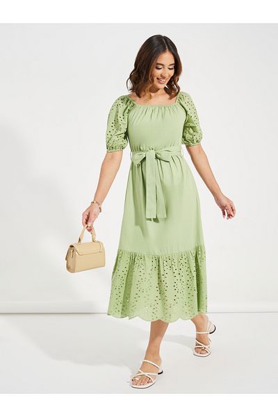 Styli Schiffli Design Midi Dress with Tie Belt