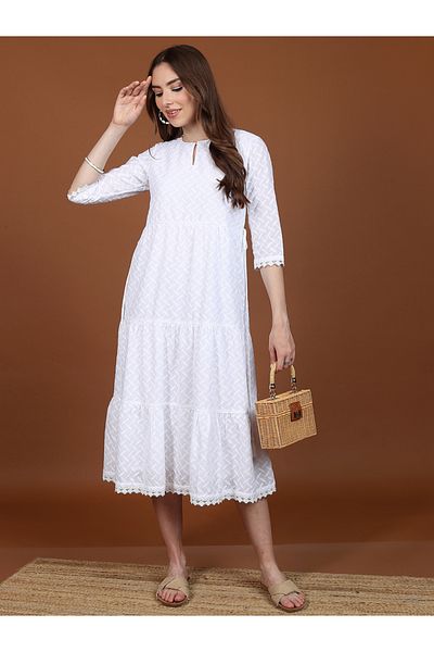 Ketch By Styli Embroidery Detail Keyhole Neck A-Line Midi Dress