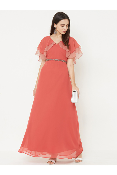 Mish By Styli Solid Georgette A-Line Maxi Dress with Cape Sleeve