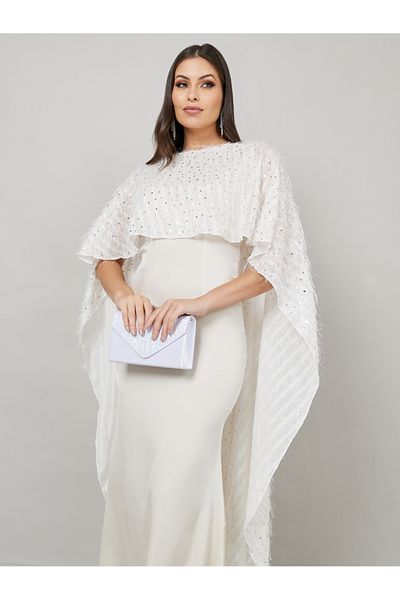 Styli Embellished Cape Layer Satin Bodycon Maxi Dress