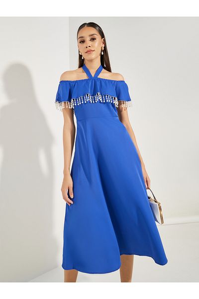 Styli Off Shoulder Neck Embellished Midi Dress