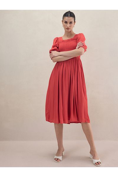 Femmella By Styli Smocked Detail Cuffed Sleeve Midi Dress