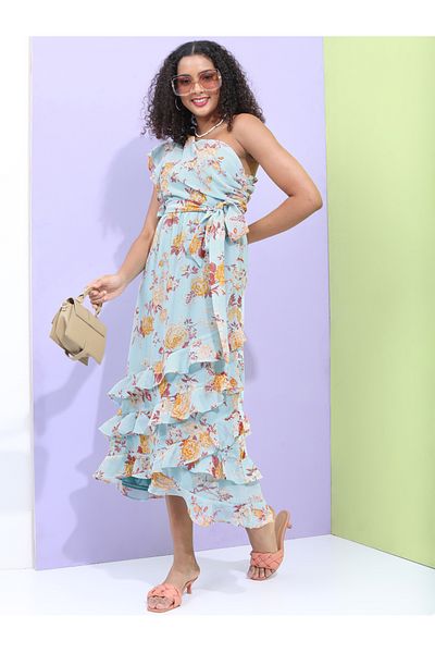 Tokyo Talkies By Styli One Shoulder Neck Ruffled Tiered Midi Dress