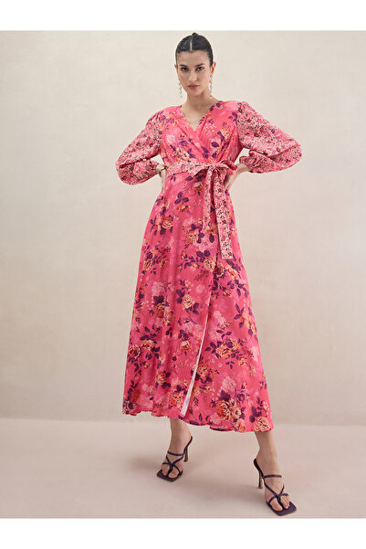 Femmella By Styli Floral Print V Neck Mock Wrap Maxi Dress