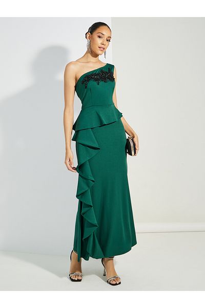 Styli Embellished One Shoulder Neck Maxi Dress with Ruffles