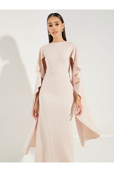 Styli Plain Long Drape Slit Sleeves Mermaid Maxi Dress