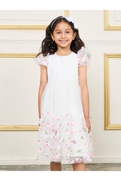 Styli Floral Applique Mesh Overlay Ruffle Sleeve A-Line Dress