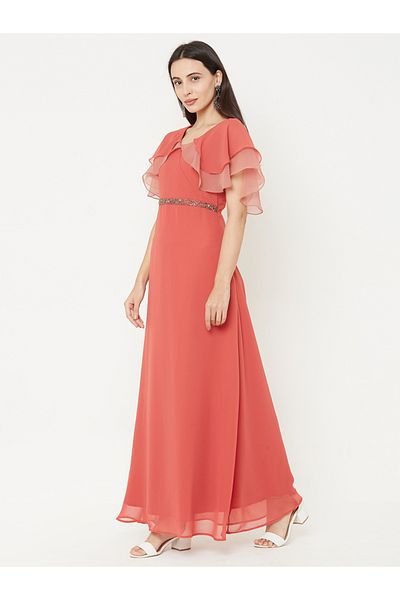 Mish By Styli Solid Georgette A-Line Maxi Dress with Cape Sleeve