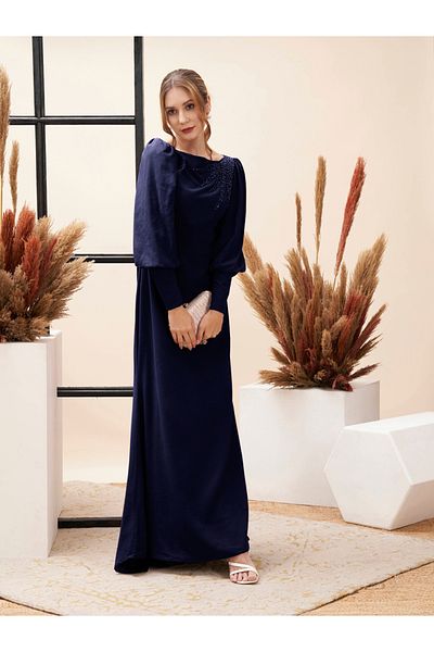 Mish By Styli Beaded Embellished Boat Neck Draped Maxi Dress