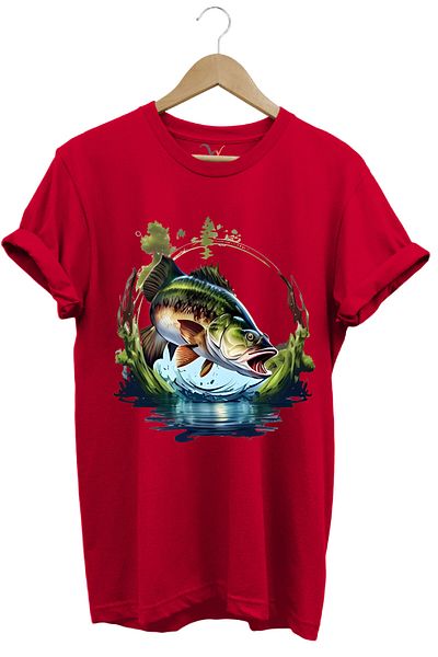 WİDİ Fishing Bass Printed - Nature and Sea Designed 100% Cotton Regular Fit T-Shirt