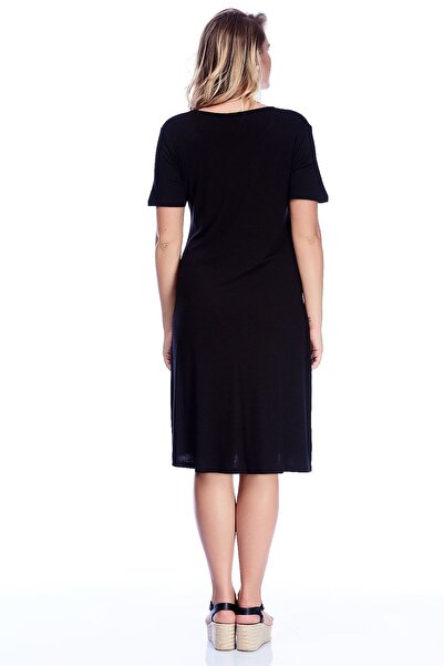 Şans Women's Large Size Black Viscose Stripe Detailed Dress 65n24230