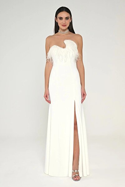 ALFABETA Straplez Üst Tüylü Asimetrik Kesim Krep Uzun Elbise