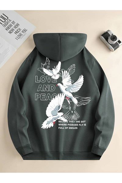 AMMA Χειμερινό φούτερ με κουκούλα Unisex Love Peace Printed Oversize - 3 νήματα