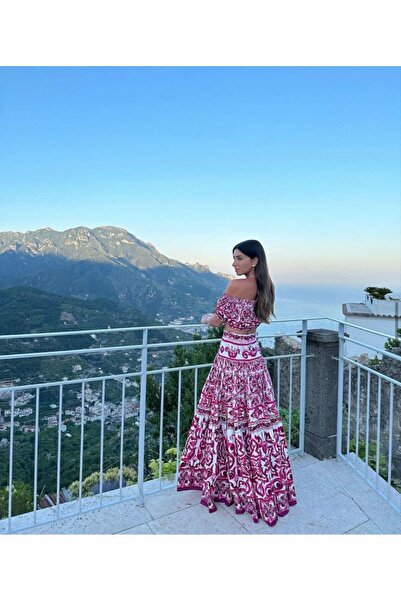 BRGCLOTHING Γυναικείο σετ με γιακά Madonna Crop Top και μακριά φούστα με φούστα – Καλοκαιρινό σετ δύο τεμαχίων με σχέδια