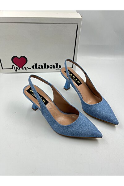 dabab shoes Cino Kadın Mavi Kot Sade Düz Arkası Açık 7cm Abiye Topuklu Ayakkabı