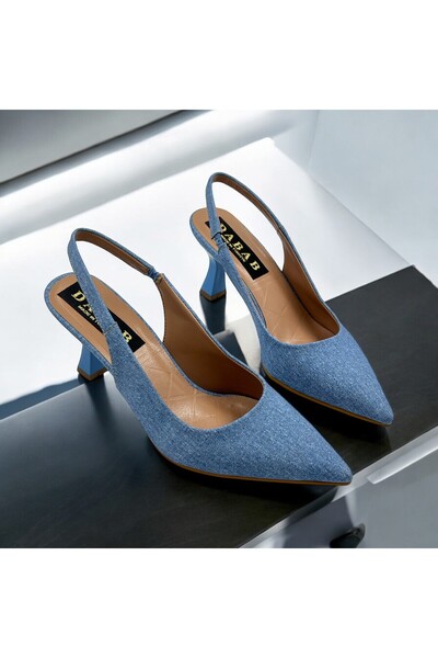 dabab shoes Cino Kadın Mavi Kot Sade Düz Arkası Açık 7cm Abiye Topuklu Ayakkabı