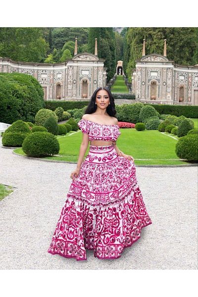 BRGCLOTHING Women's Madonna Collar Crop Top and Long Flounce Skirt Set – Patterned Two Piece Summer Set