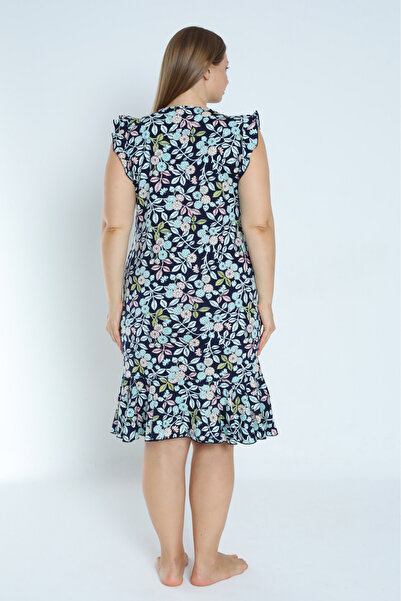 İntensive Navy blue plus size print - φόρεμα από 100% βαμβακερή τσέπη και βολάν μανίκια και φούστα