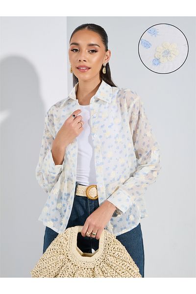 Styli Embroidered Detail Button Down Shirt with Long Cuffed Sleeve