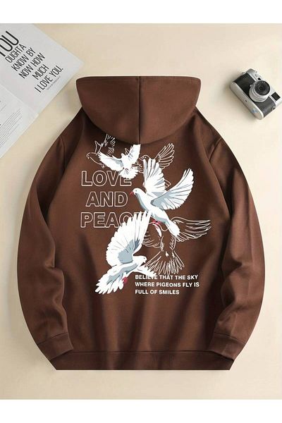 AMMA Χειμερινό φούτερ με κουκούλα Unisex Love Peace Printed Oversize - 3 νήματα