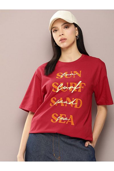 Dillinger By Styli Oversized Sun, Surf, Sand, Sea Slogan Print T-Shirt