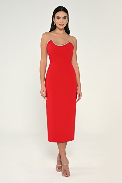 ALFABETA Kadın Straplez Yakalı Kolsuz Midi Boy Kolsuz Gece Kırmızı Abiye & Mezuniyet Elbisesi AB6252-KIRMIZI