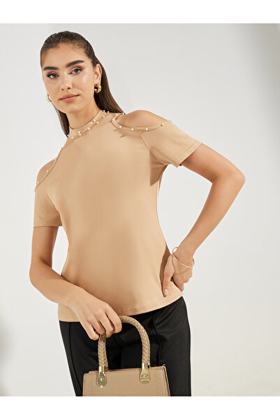 Styli Embellished Cold Shoulder Sleeves T-Shirt
