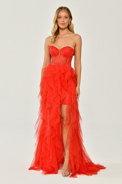 ALFABETA Women's Strapless Slit Patterned Tulle Long Orange Evening & Graduation Dress Ab5576-trn