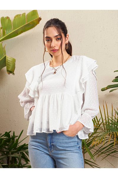 Sassafras By Styli Dobby Ruffled Peplum Top