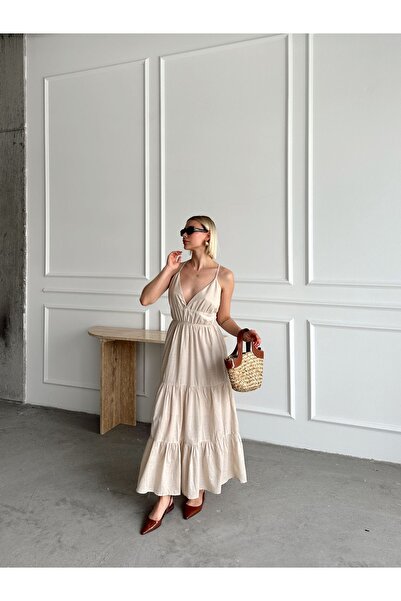 R&G RIMANERE GIOVANI Cream Beige Thin Strap Backless Loose Women's Dress