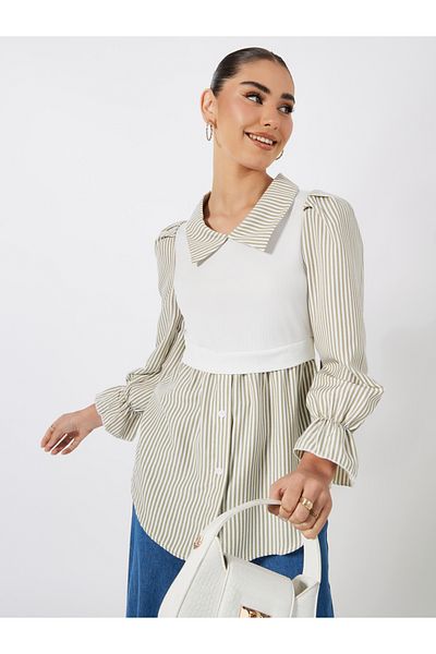 Styli 2in1 Style Striped Blouse with Cuffed Sleeves
