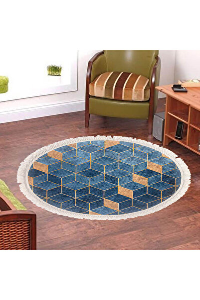 In House Velvet Turkish Round Decorative Carpet -Gold - 120x120 cm