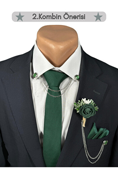 HARES Groom's Tie Set - Handkerchief, Jacket Collar Chain and Flower Detail, Clip-on Shirt Collar