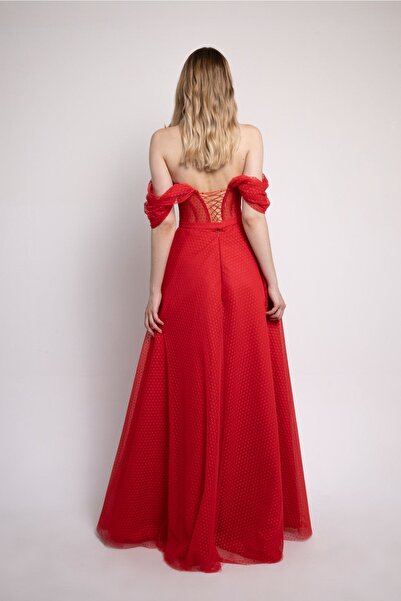 Lenta Moda Kırmızı Puantiyeli Nişan ve Gece Elbisesi