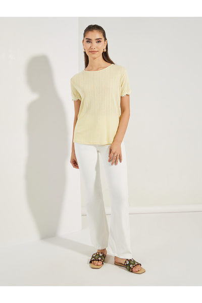Styli Pointelle Knit Top with Lace Detail