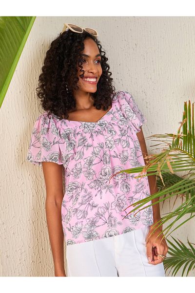 Sassafras By Styli Floral Sweetheart Neck Flared Sleeve Top