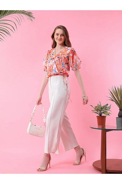 Mish By Styli Floral Print Wrap Front Top with Tie Detail