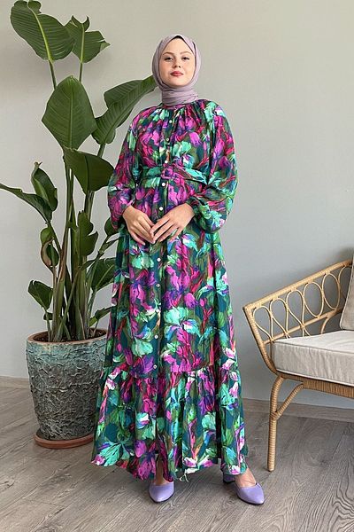 InStyle Green Viscose Dress - Floral and Belted