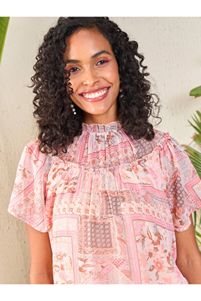 Sassafras By Styli Patchwork Print Frill Neck Top